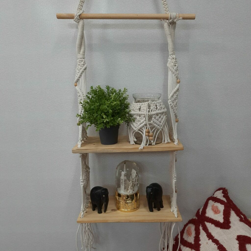 Avioni Home Boho Collection – Hand Knotted Macrame Hanging Double Shelf With Pine Wood Shelf-50cms x 40 cms