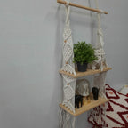 Avioni Home Boho Collection – Hand Knotted Macrame Hanging Double Shelf With Pine Wood Shelf-50cms x 40 cms