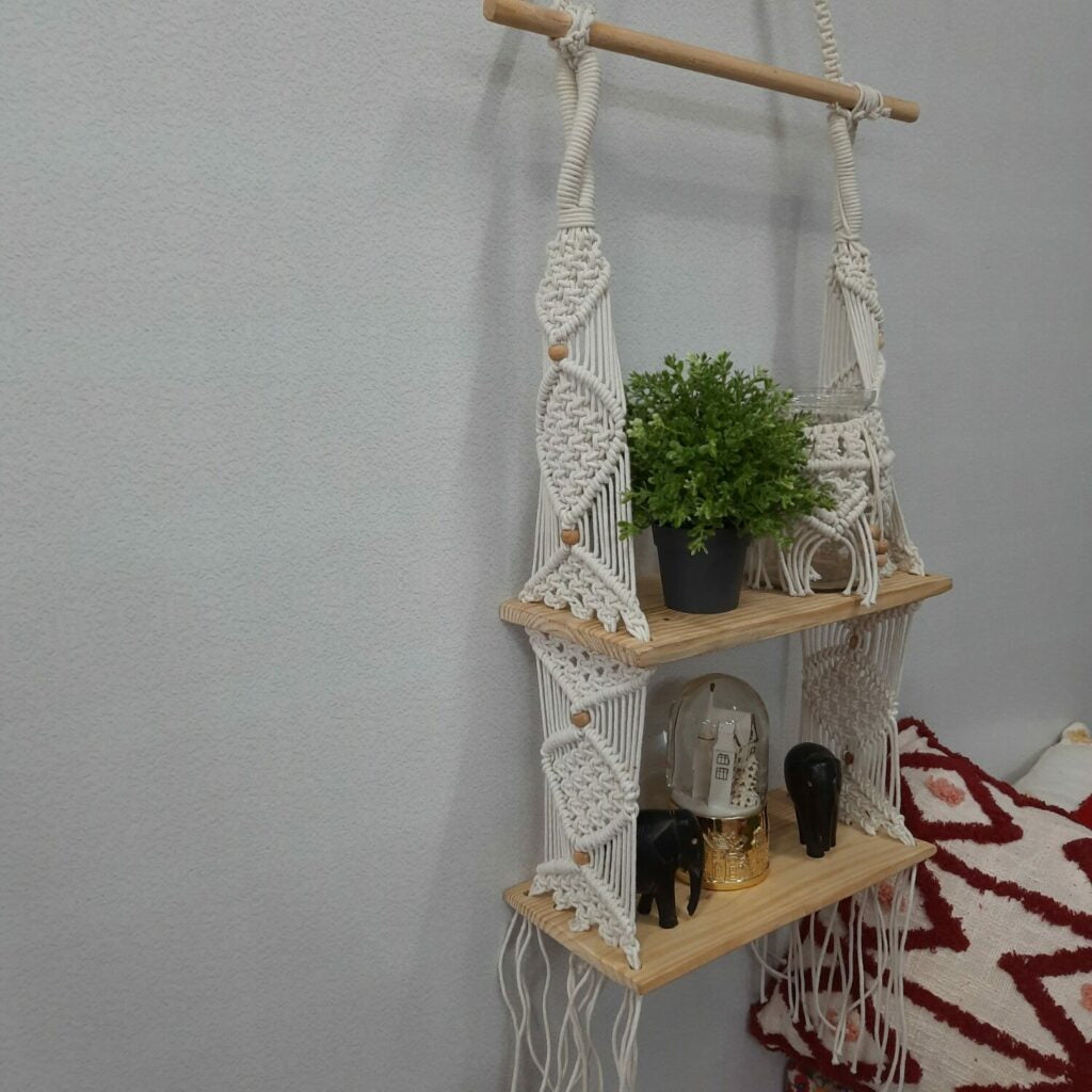 Avioni Home Boho Collection – Hand Knotted Macrame Hanging Double Shelf With Pine Wood Shelf-50cms x 40 cms