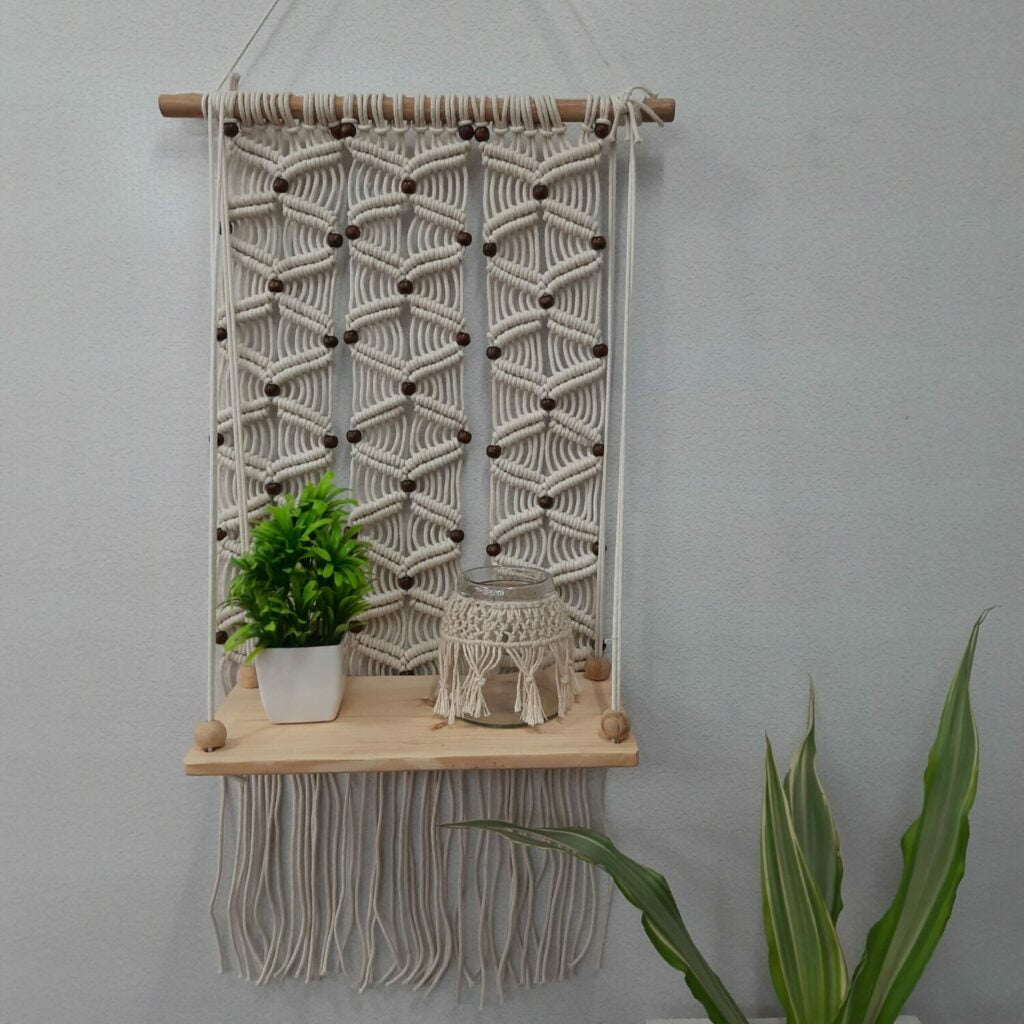 Avioni Home Boho Collection – Hand Knotted Macrame Hanging Single Shelf With Pine Wood Shelf- 40 cms x 50 cms