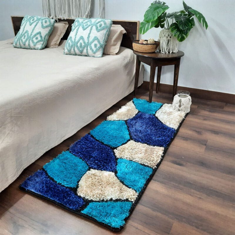 Handloom Shaggy Blue Stones Premium Bedside Carpet (55cm x 137cm (~22″ x 55″)) By Avioni