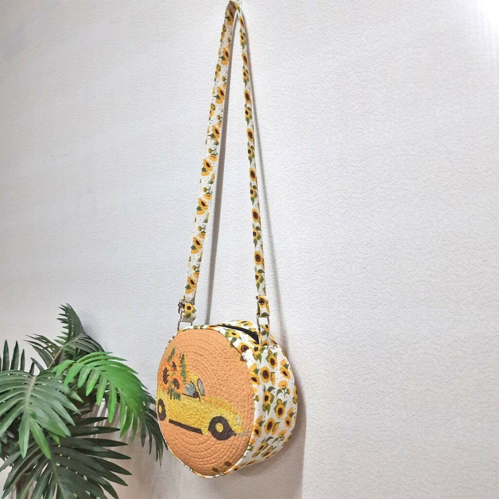 Premium Sling Bag for Women, Avioni Fashion Shoulder Bag, Bohemian Style Sunflowers In Car, Braided Sides Round Sling Bag, Perfect For Gifts and Traveling-25 cms Diameter