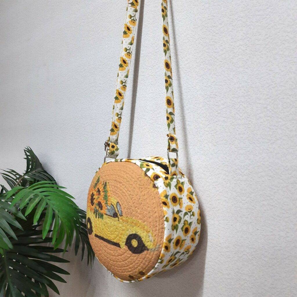 Premium Sling Bag for Women, Avioni Fashion Shoulder Bag, Bohemian Style Sunflowers In Car, Braided Sides Round Sling Bag, Perfect For Gifts and Traveling-25 cms Diameter