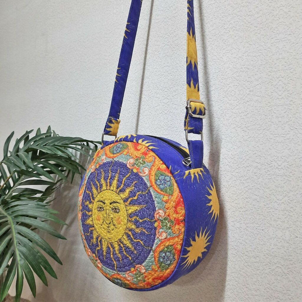 Premium Sling Bag for Women, Avioni Fashion Shoulder Bag, Bohemian Style Shining Sun, Braided Sides Round Sling Bag, Perfect For Gifts and Traveling-25 cms Diameter