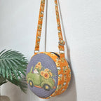 Premium Sling Bag for Women, Avioni Fashion Shoulder Bag, Bohemian Style-Gnome in Car , Braided Sides Round Sling Bag, Perfect For Gifts and Traveling-25 cms Diameter