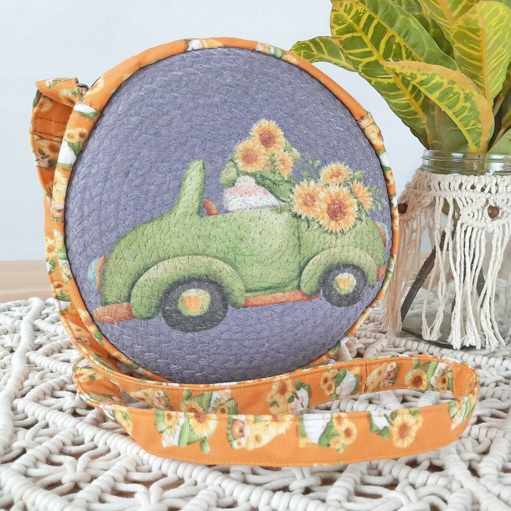 Premium Sling Bag for Women, Avioni Fashion Shoulder Bag, Bohemian Style-Gnome in Car , Braided Sides Round Sling Bag, Perfect For Gifts and Traveling-25 cms Diameter