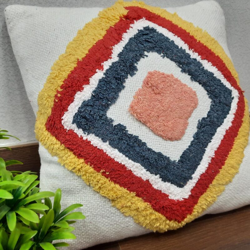 Hand Tufted 100% Cotton Sofa Cushion Cover – FREE Filler – Red And Yellow Diamond – 18X18 Inch (45×45 cms)