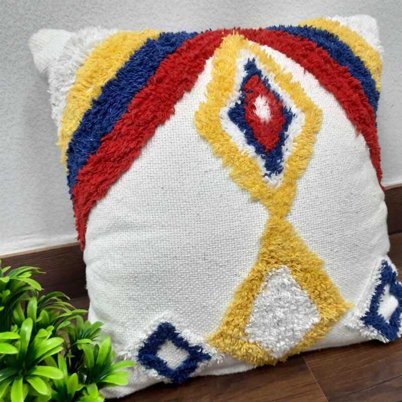 Hand Tufted 100% Cotton Multicolor Cushion Cover – FREE High Quality Filler Included-18X18 Inch (45x45cms)