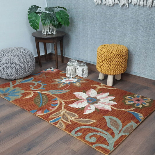 Winter Sale | Wool Hand Tufted Beautiful Floral Carpet | Loop Pile | Avioni -90cm x 150cm (~3×5 Feet)