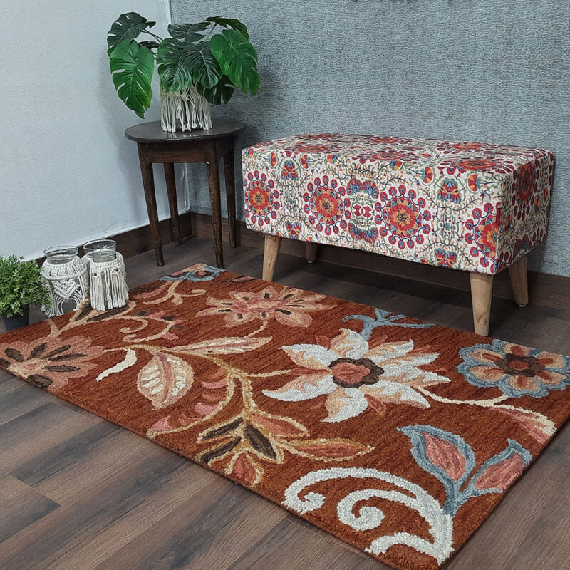 Wool Hand Tufted Beautiful Floral Brown Carpet | Loop Pile | Avioni -90cm x 150cm (~3×5 Feet)