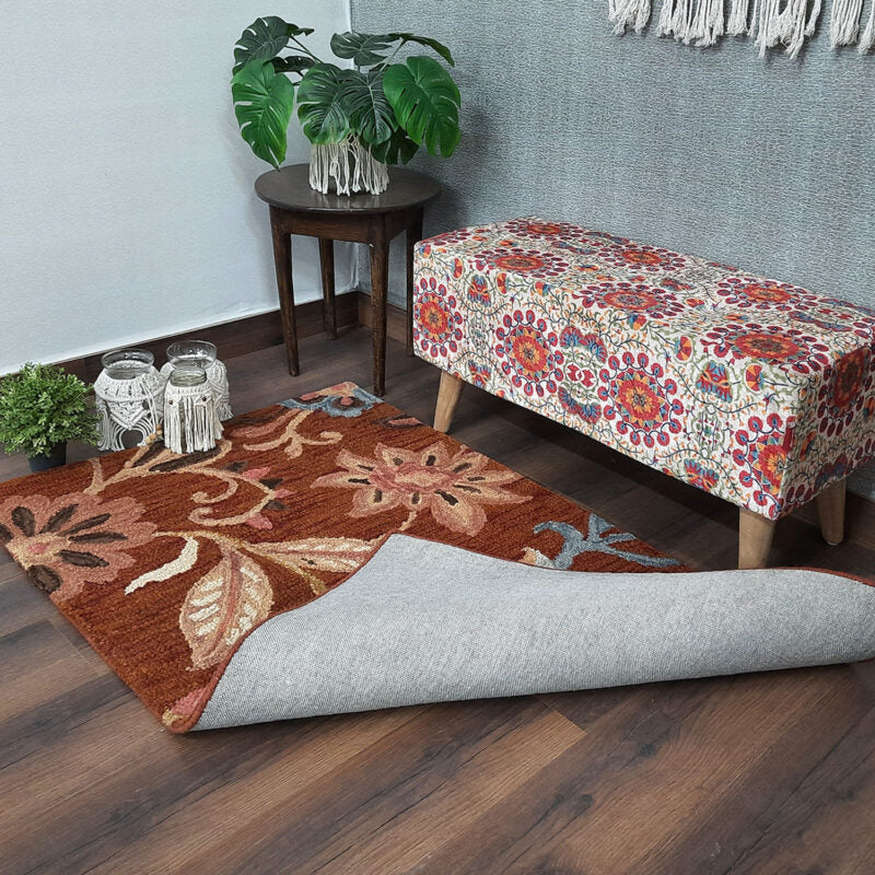 Wool Hand Tufted Beautiful Floral Brown Carpet | Loop Pile | Avioni -90cm x 150cm (~3×5 Feet)
