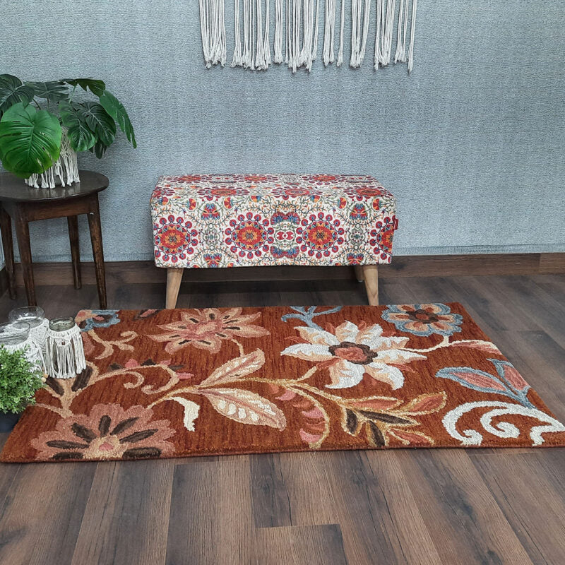 Wool Hand Tufted Beautiful Floral Brown Carpet | Loop Pile | Avioni -90cm x 150cm (~3×5 Feet)