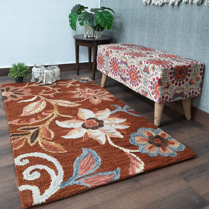 Wool Hand Tufted Beautiful Floral Brown Carpet | Loop Pile | Avioni -90cm x 150cm (~3×5 Feet)