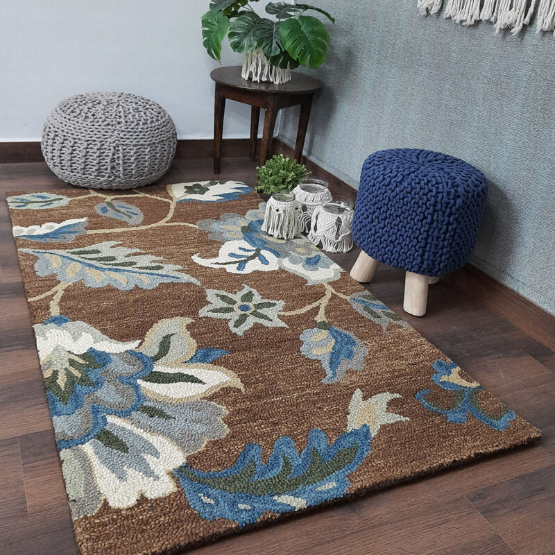 Wool Hand Tufted Beautiful Floral Brown Shades Carpet | Loop Pile | Avioni -90cm x 150cm (~3×5 Feet)