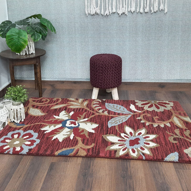 Wool Hand Tufted Beautiful Floral Carpet | Loop Pile | Avioni -90cm x 150cm (~3×5 Feet)
