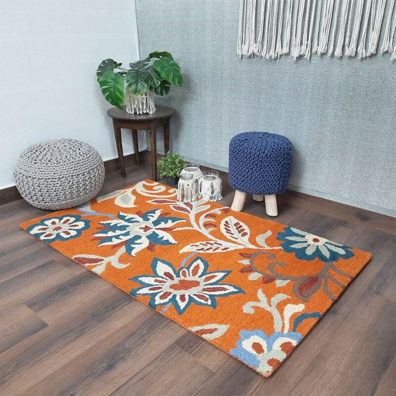 Wool Hand Tufted Beautiful Floral Orange Carpet | Loop Pile | Avioni -90cm x 150cm (~3×5 Feet)
