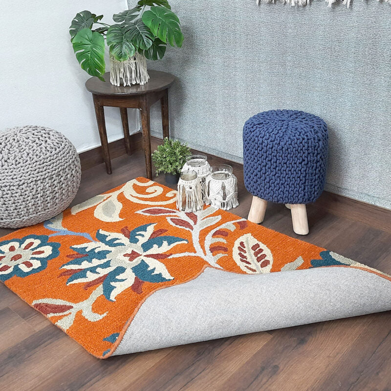 Wool Hand Tufted Beautiful Floral Orange Carpet | Loop Pile | Avioni -90cm x 150cm (~3×5 Feet)