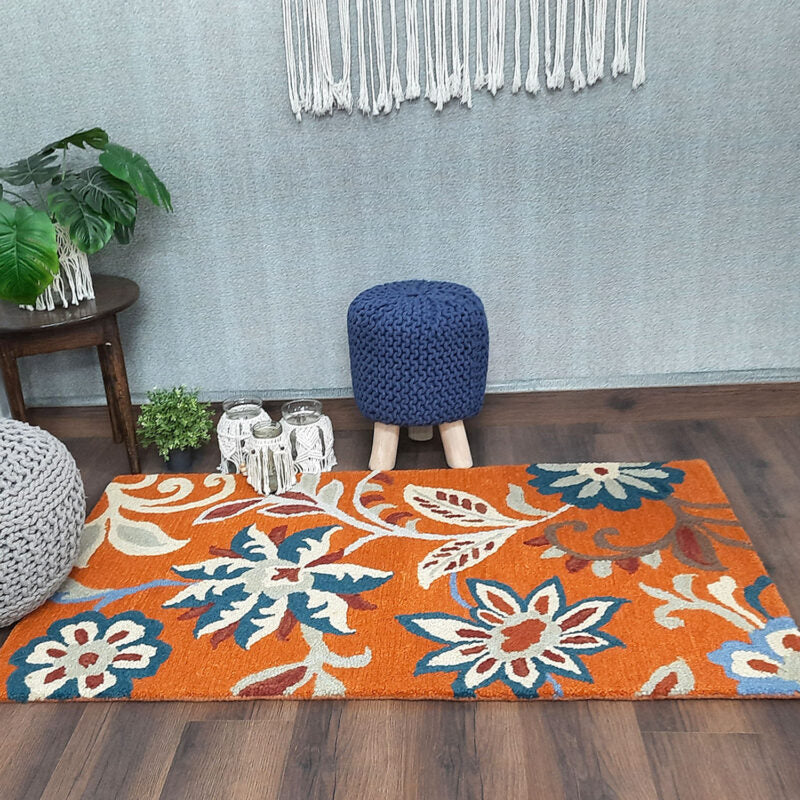Wool Hand Tufted Beautiful Floral Orange Carpet | Loop Pile | Avioni -90cm x 150cm (~3×5 Feet)