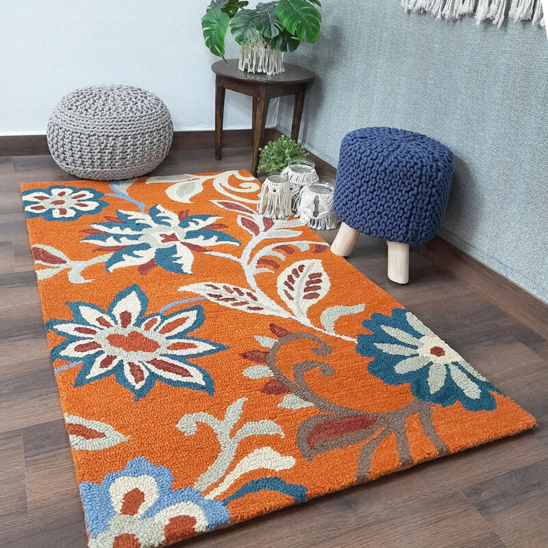 Wool Hand Tufted Beautiful Floral Orange Carpet | Loop Pile | Avioni -90cm x 150cm (~3×5 Feet)