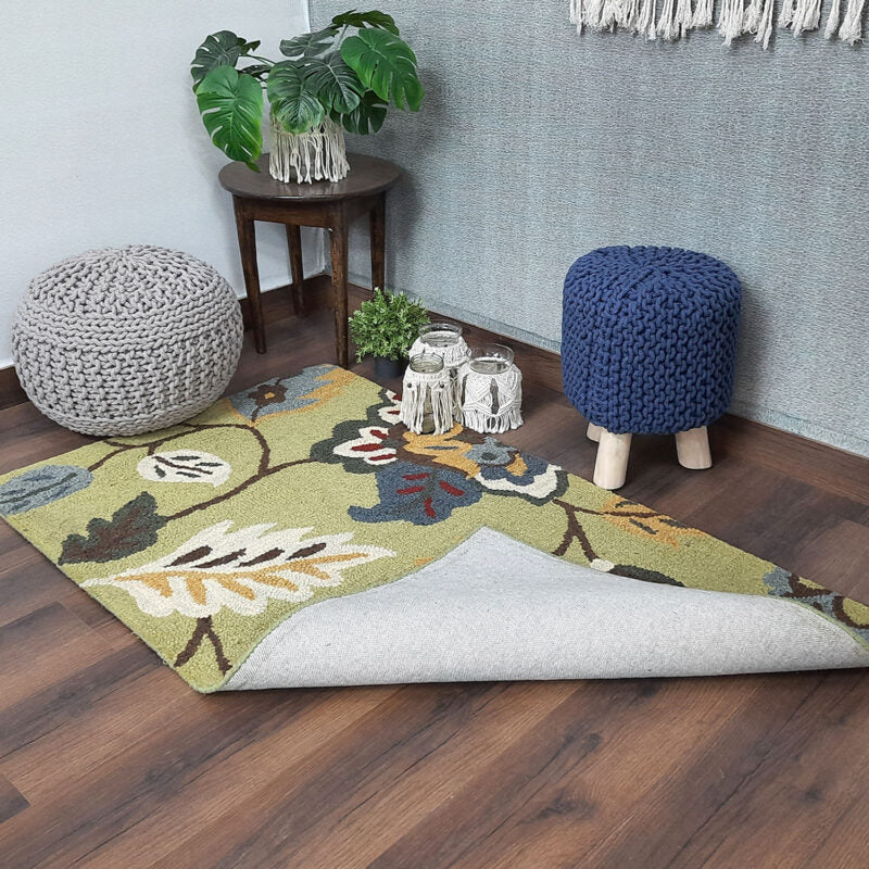 Wool Hand Tufted Beautiful Floral Green Carpet | Loop Pile | Avioni -90cm x 150cm (~3×5 Feet)