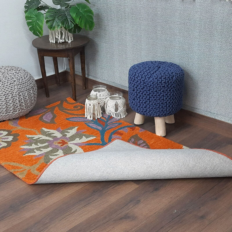 Winter Sale | Wool Hand Tufted Beautiful Floral Orange Carpet | Loop Pile | Avioni -90cm x 150cm (~3×5 Feet)