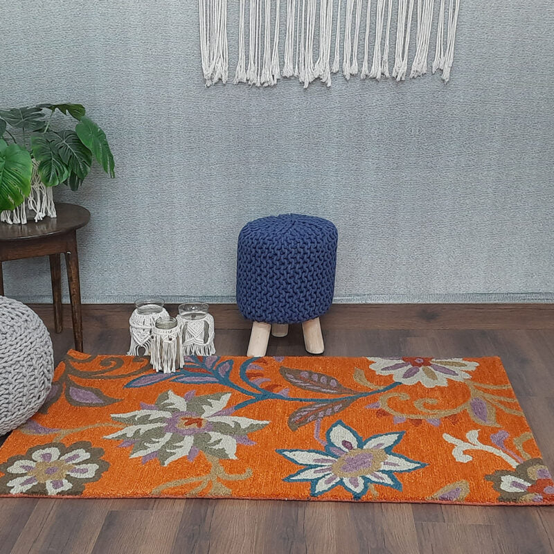 Winter Sale | Wool Hand Tufted Beautiful Floral Orange Carpet | Loop Pile | Avioni -90cm x 150cm (~3×5 Feet)