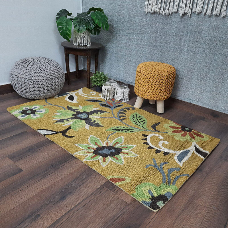 Wool Hand Tufted Beautiful Floral Green Shades Carpet | Loop Pile | Avioni -90cm x 150cm (~3×5 Feet)