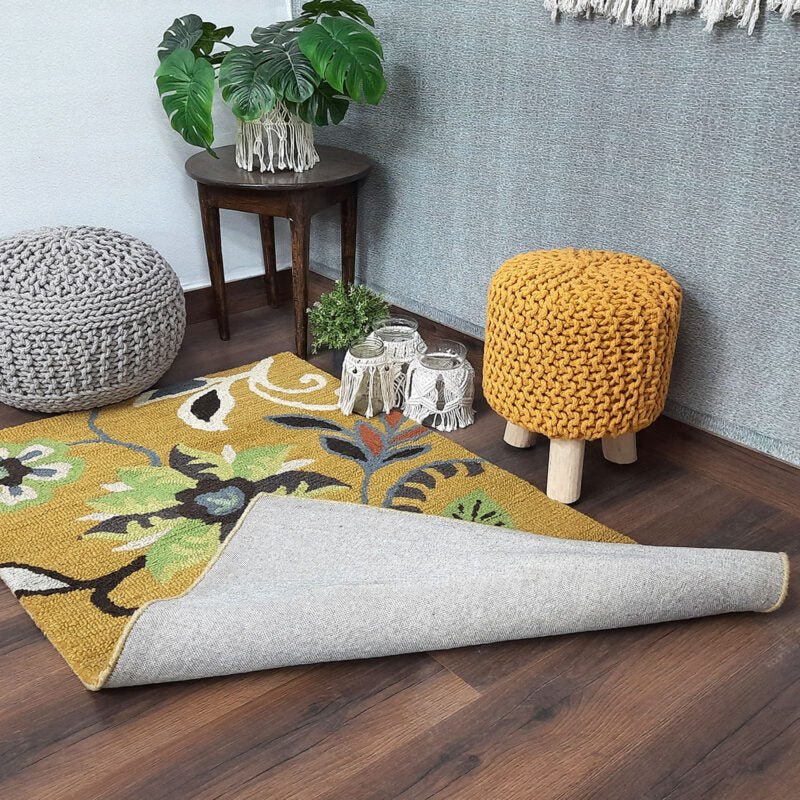 Wool Hand Tufted Beautiful Floral Green Shades Carpet | Loop Pile | Avioni -90cm x 150cm (~3×5 Feet)