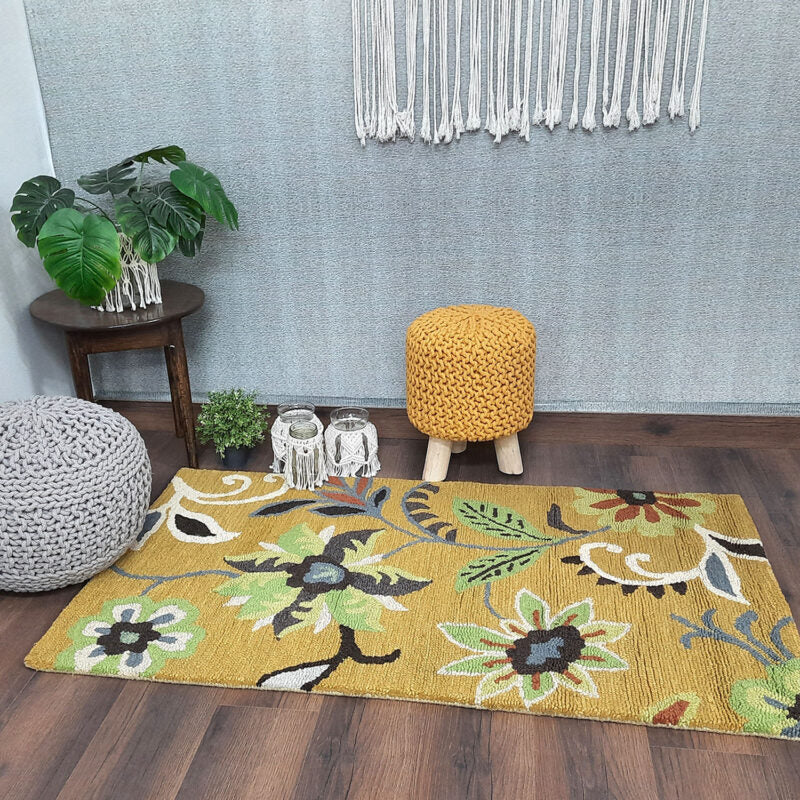 Wool Hand Tufted Beautiful Floral Green Shades Carpet | Loop Pile | Avioni -90cm x 150cm (~3×5 Feet)