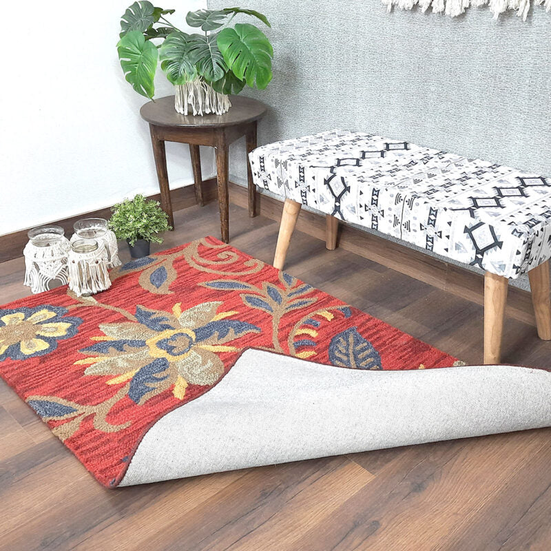 Wool Hand Tufted Beautiful Pink Floral Carpet | Loop Pile | Avioni -90cm x 150cm (~3×5 Feet)