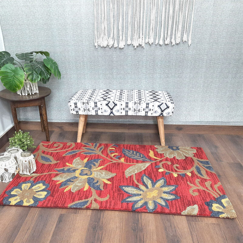 Wool Hand Tufted Beautiful Pink Floral Carpet | Loop Pile | Avioni -90cm x 150cm (~3×5 Feet)