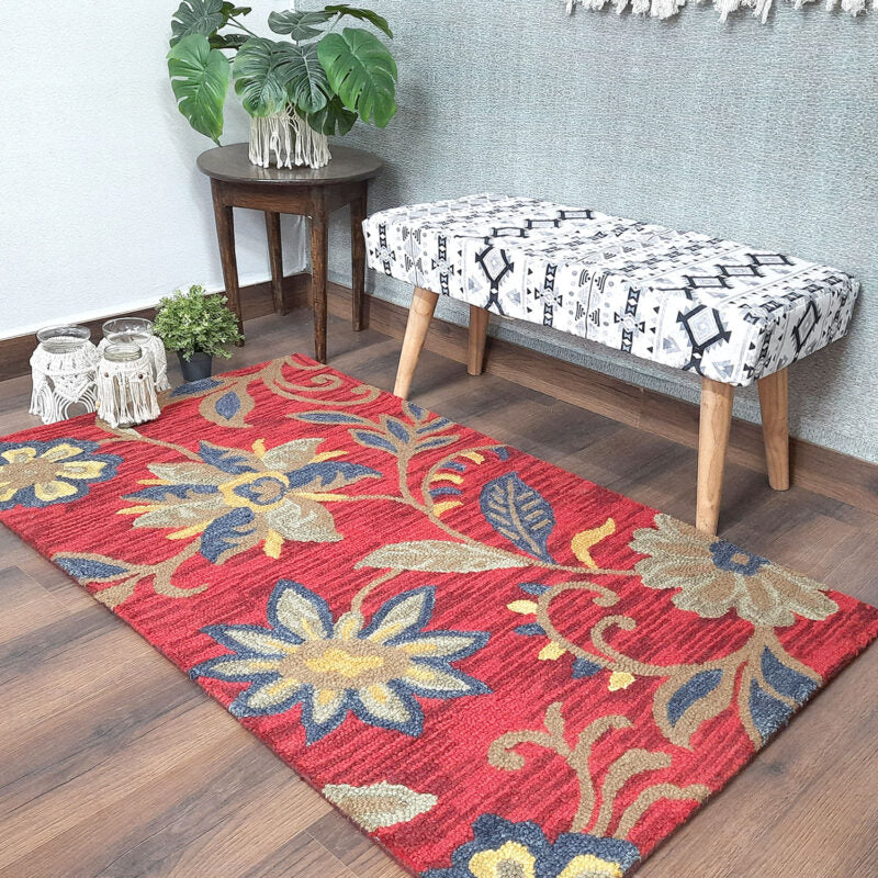 Wool Hand Tufted Beautiful Pink Floral Carpet | Loop Pile | Avioni -90cm x 150cm (~3×5 Feet)