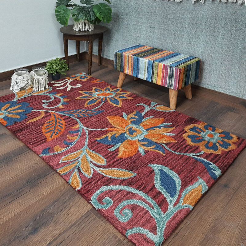 Wool Hand Tufted Floral Beautiful Carpet | Loop Pile | Avioni -90cm x 150cm (~3×5 Feet)