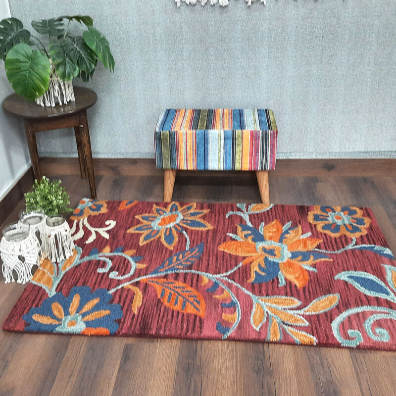 Wool Hand Tufted Floral Beautiful Carpet | Loop Pile | Avioni -90cm x 150cm (~3×5 Feet)