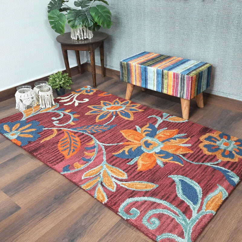 Wool Hand Tufted Floral Beautiful Carpet | Loop Pile | Avioni -90cm x 150cm (~3×5 Feet)