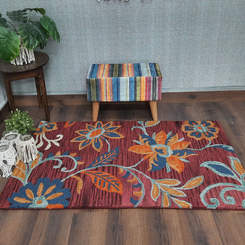Wool Hand Tufted Floral Beautiful Carpet | Loop Pile | Avioni -90cm x 150cm (~3×5 Feet)