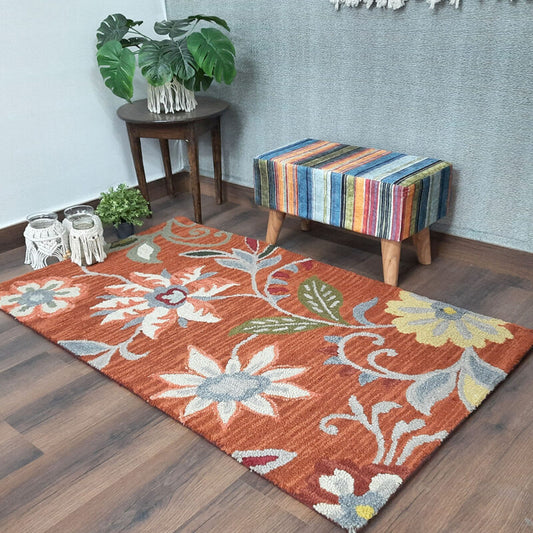 Wool Hand Tufted Floral Beautiful Brown Carpet | Loop Pile | Avioni -90cm x 150cm (~3×5 Feet)