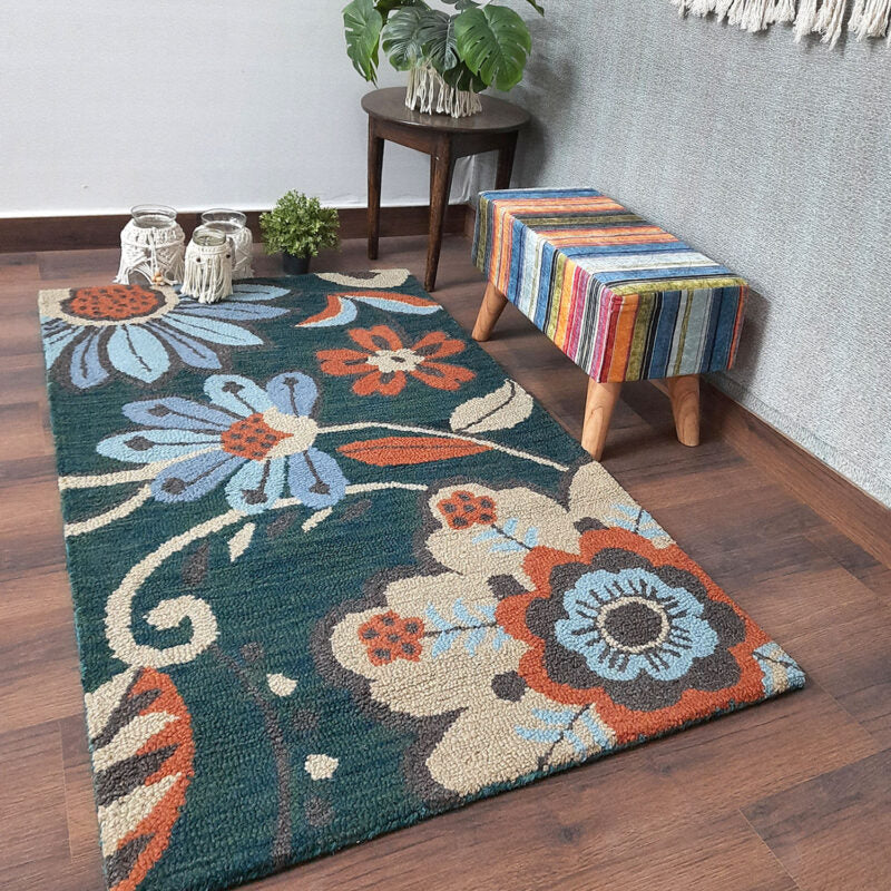 Wool Hand Tufted Floral Beautiful Green Carpet | Loop Pile | Avioni -90cm x 150cm (~3×5 Feet)