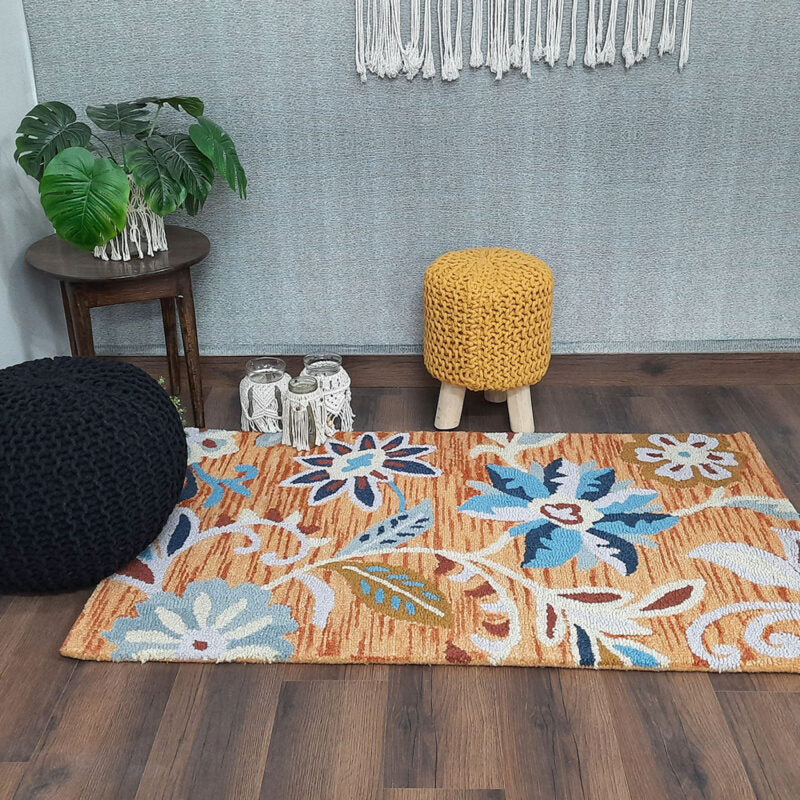 Wool Hand Tufted Floral Beautiful Yellow & Brown Tones Carpet | Loop Pile | Avioni -90cm x 150cm (~3×5 Feet)
