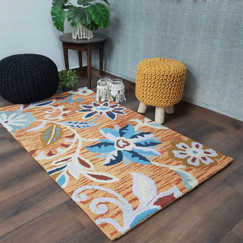 Wool Hand Tufted Floral Beautiful Yellow & Brown Tones Carpet | Loop Pile | Avioni -90cm x 150cm (~3×5 Feet)