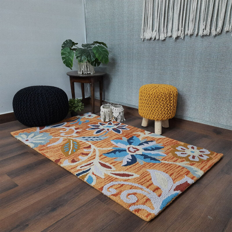 Wool Hand Tufted Floral Beautiful Yellow & Brown Tones Carpet | Loop Pile | Avioni -90cm x 150cm (~3×5 Feet)