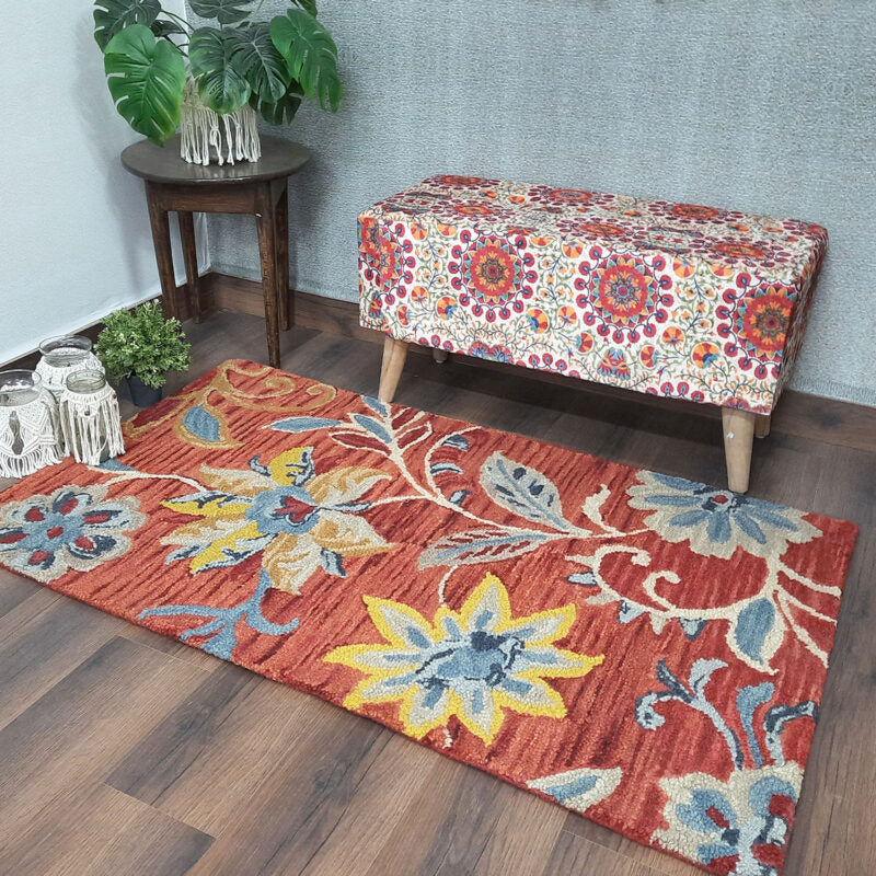 Wool Hand Tufted Floral Beautiful Brown & Red Tones Carpet | Loop Pile | Avioni -90cm x 150cm (~3×5 Feet)