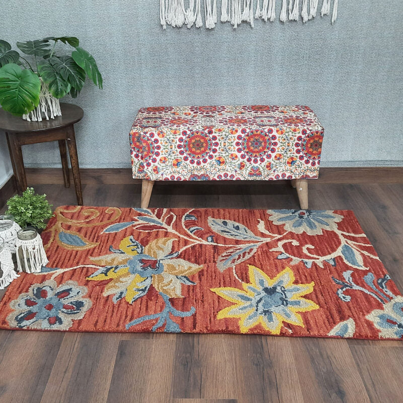 Wool Hand Tufted Floral Beautiful Brown & Red Tones Carpet | Loop Pile | Avioni -90cm x 150cm (~3×5 Feet)