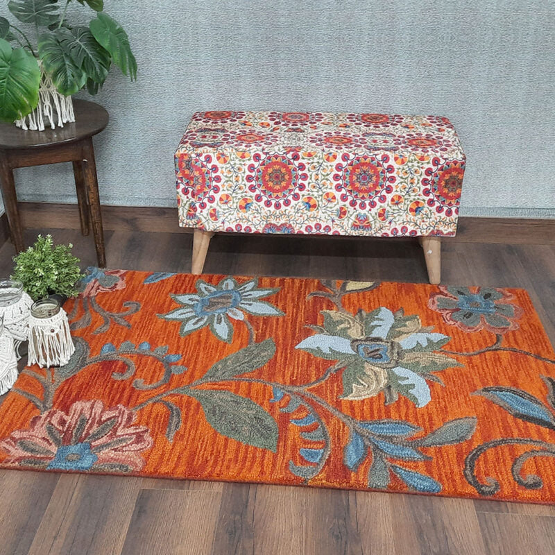 Wool Hand Tufted Floral Beautiful Orange Tones Carpet | Loop Pile | Avioni -90cm x 150cm (~3×5 Feet)
