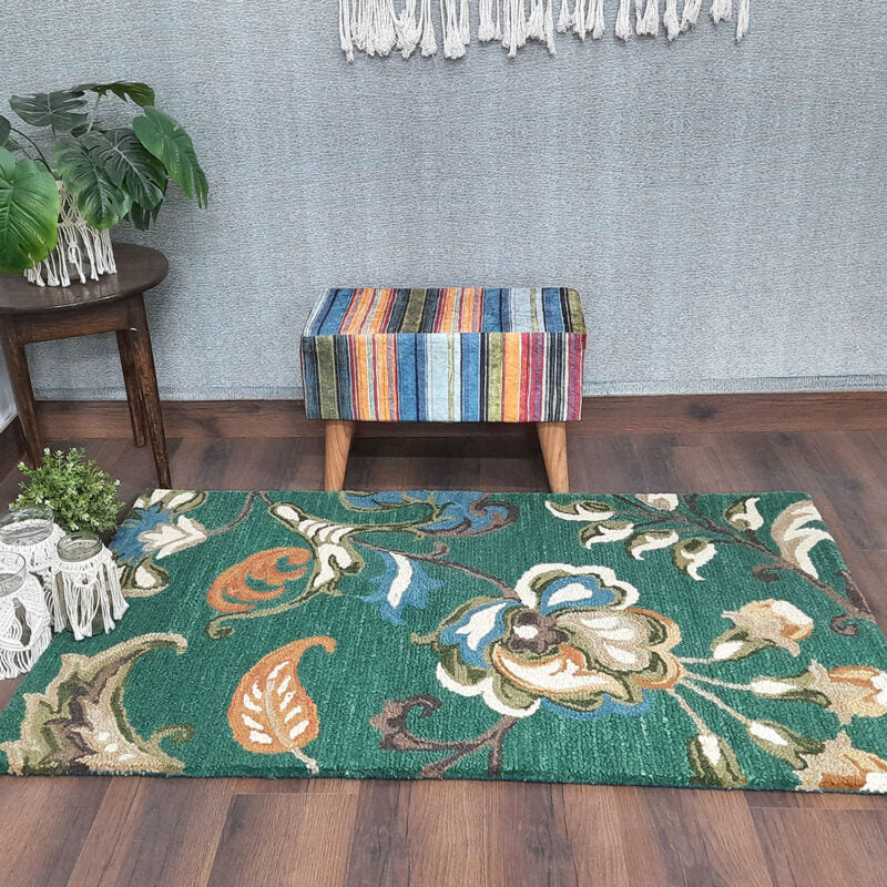 Wool Hand Tufted Floral Beautiful Green Tones Carpet | Loop Pile | Avioni -90cm x 150cm (~3×5 Feet)