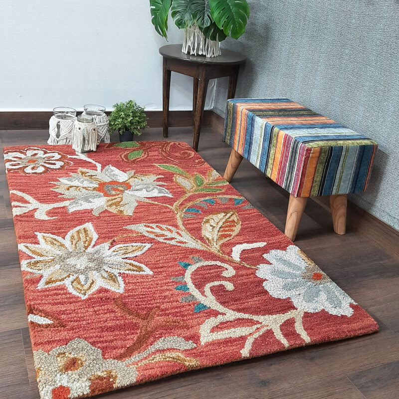 Wool Floral Beautiful Hand Tufted Carpet | Loop Pile | Avioni -90cm x 150cm (~3×5 Feet)