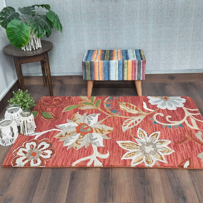 Wool Floral Beautiful Hand Tufted Carpet | Loop Pile | Avioni -90cm x 150cm (~3×5 Feet)