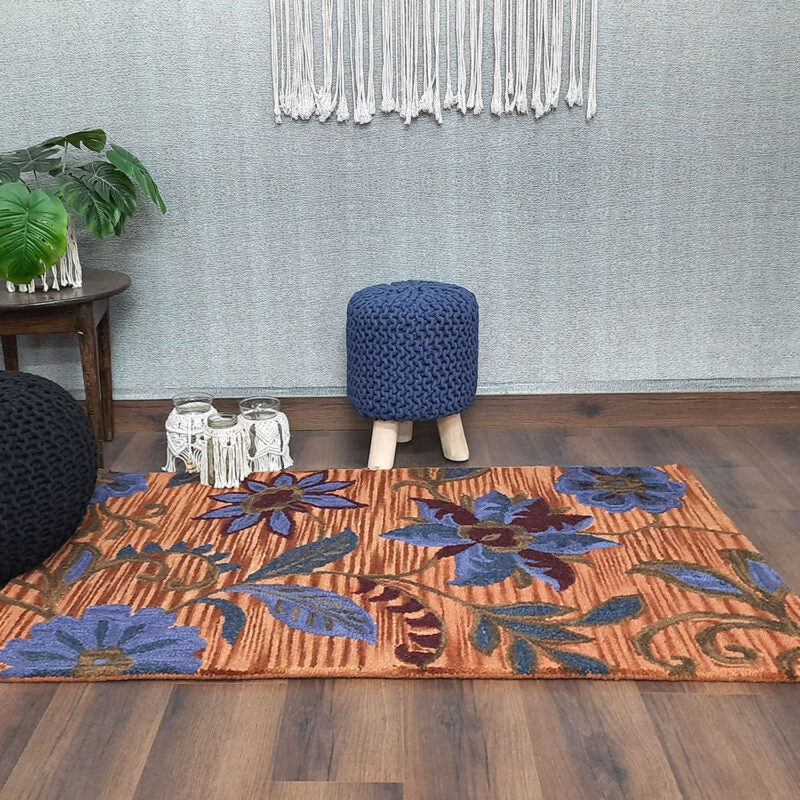 Wool Floral Beautiful Hand Tufted Carpet | Loop Pile | Avioni -90cm x 150cm (~3×5 Feet)