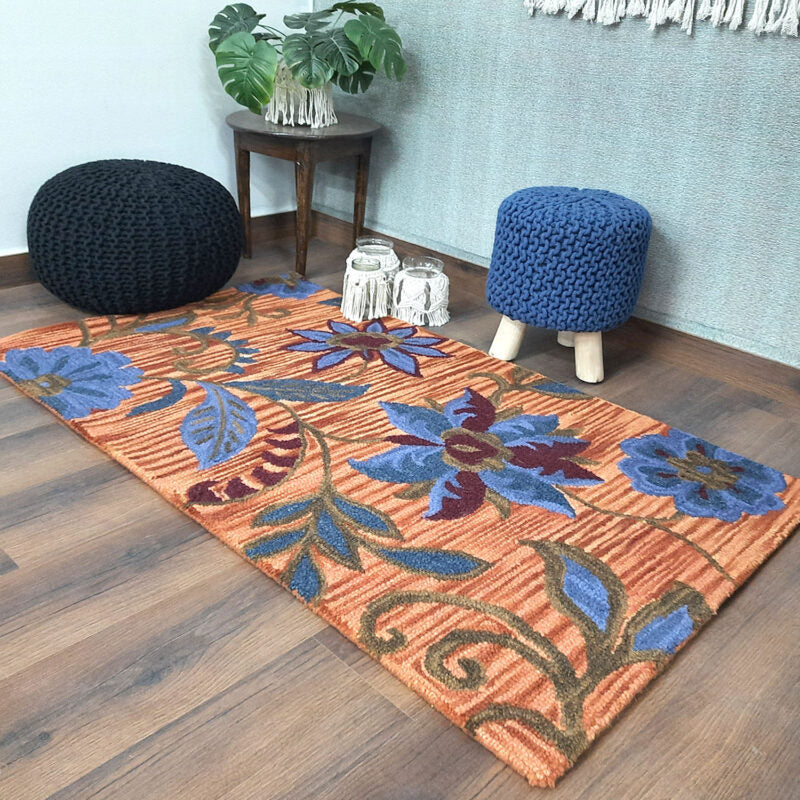 Wool Floral Beautiful Hand Tufted Carpet | Loop Pile | Avioni -90cm x 150cm (~3×5 Feet)