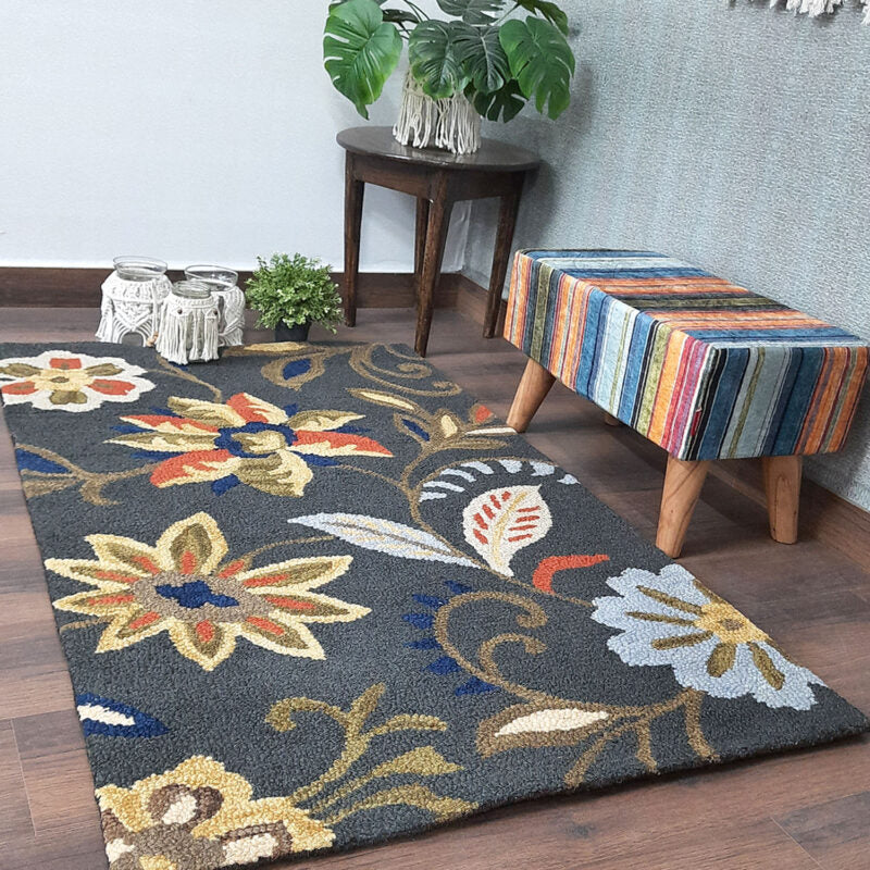 Wool Floral Beautiful Hand Tufted Grey Carpet | Loop Pile | Avioni -90cm x 150cm (~3×5 Feet)